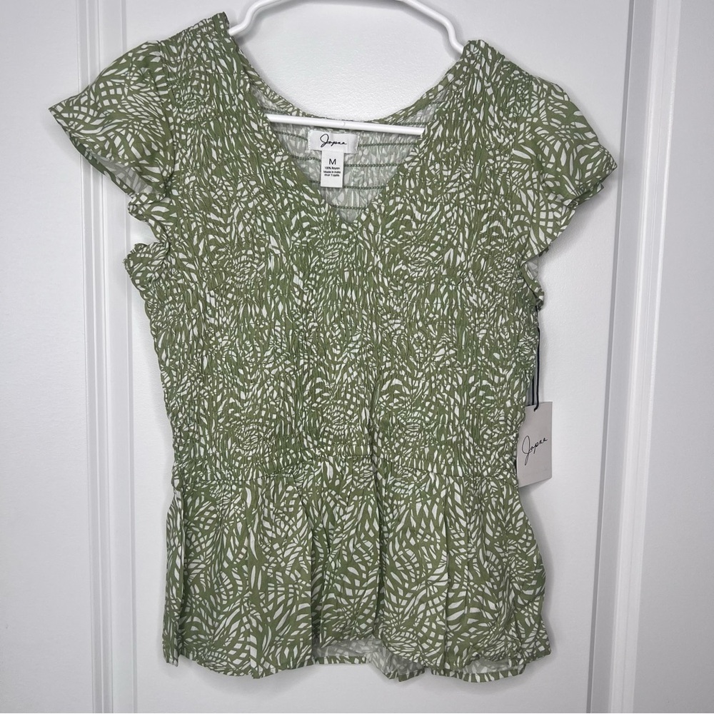 Japna Green Patterned Women's Medium Smocked Peplum Style Top NWT